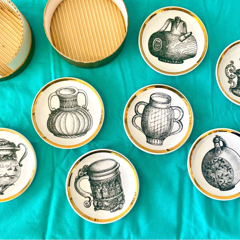 Fornasetti for Bucciarelli Vessels Milano Italy MCM Gold Porcelain Coasters Set